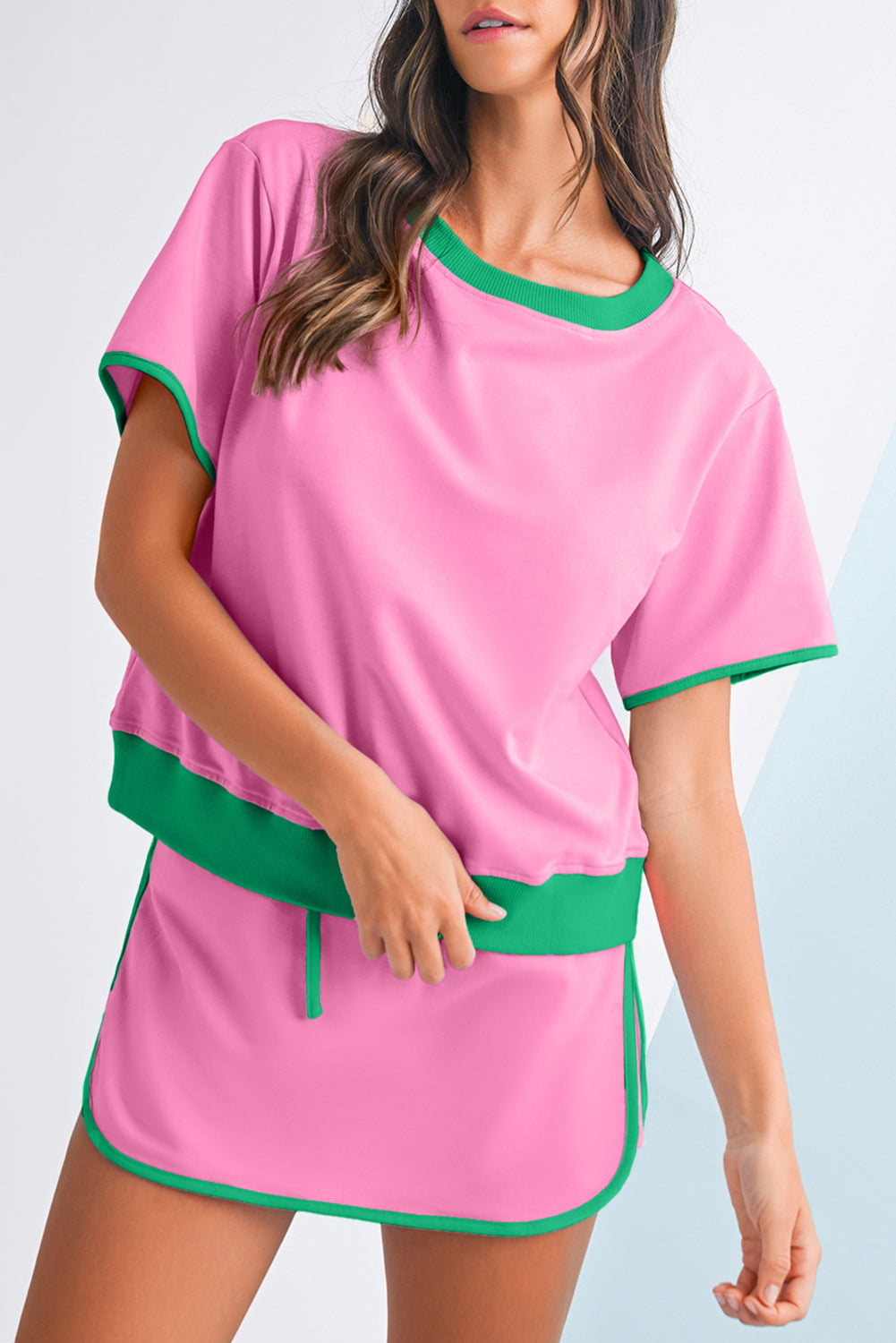 Short Sleeve Contrast Trim Skort Set