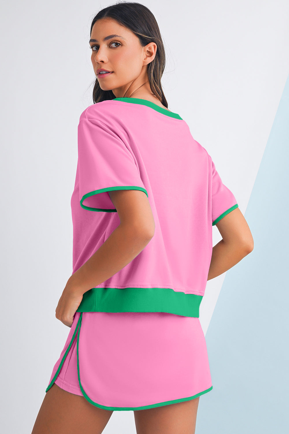 Short Sleeve Contrast Trim Skort Set