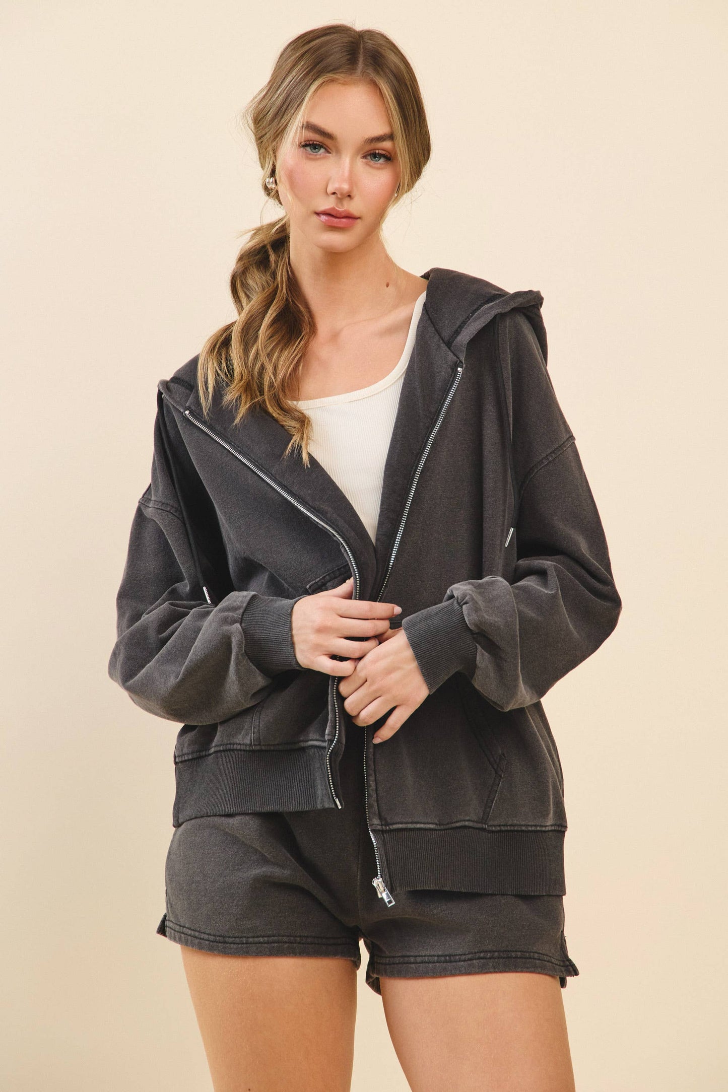 Oversized Denim Zip Up Hoodie