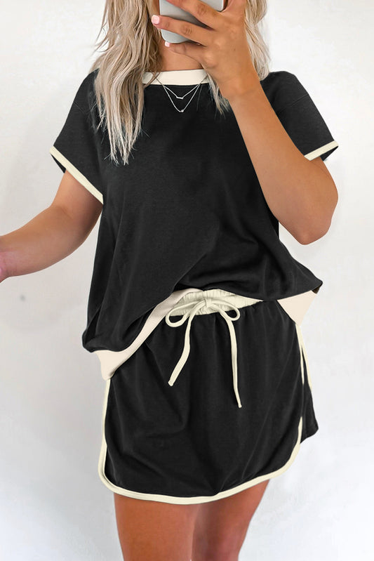 Short Sleeve Contrast Trim Skort Set