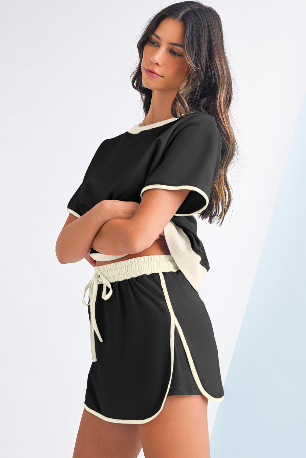 Short Sleeve Contrast Trim Skort Set